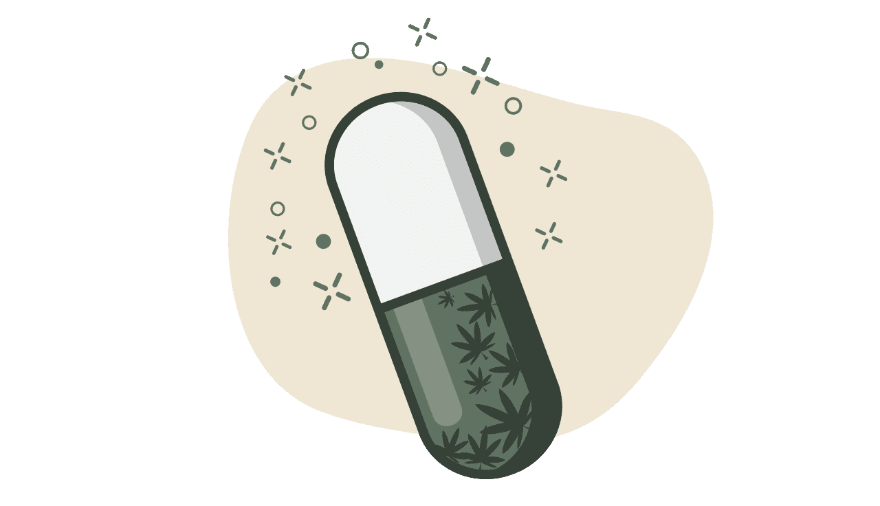 grüne Grafik einer Pille mit Cannabisblättern